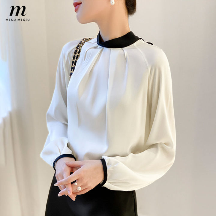 MISUMIXIU High End Silk Back Bow Tie Blouse Women's 2023 New Fashion