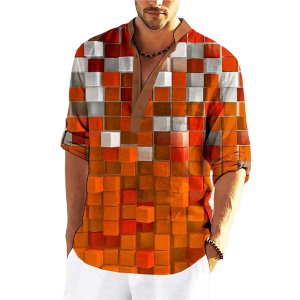 Colored 3D Printed Standing Collar Shirt Pure Cotton Simple Color Matching Large Size Top for Men