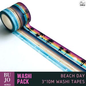 3 rolls Washi Tape 10 meter Sunset Palm Trees onBright Colored / Dual Shade / Brown and Blue Sea - BujoWorld BEACH Theme Japanese Adhesive Masking