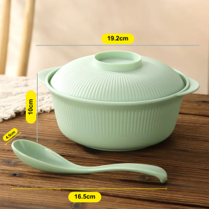 🐻DAILY2U🐻 1L Plastic Rice Bowl with Lid Cover & Spoon Wheat Straw Bowl Snack Plate Tableware Thickened Striped Bowl Household PP Plastic Casserole Rice Cooker Salad Pot Supper Noodle Bowl & Microwave Safe