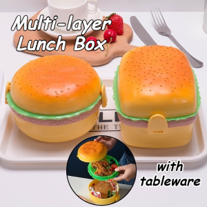 Novelty Hamburger Design Lunch Box Multi Layer Container With Tableware For Kids And Outdoor Use