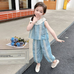 Bear Lead Lapel Girl Sets Summer Printing Sleeveless T-shirt + Mosquito-proof Pants Two-piece Clothing Suits Lace Patchwork Kids Clothes Outfits