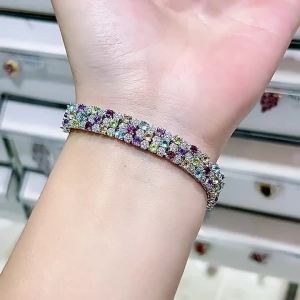 Natural Multi Color Gem Bracelet S925 Silver Pave Mixed Stones Wide Band Wedding Party Jewelry