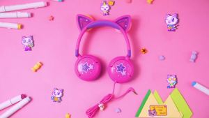 iClever Kids Headphones Cat Ear LED Light Up 85dBA Safe Volume Stereo Sound Toddler Headphones for Travel School Foldable 3.5mm Wired Kids Headphone for iPad Tablets Meow Lollipop-Hot Pink