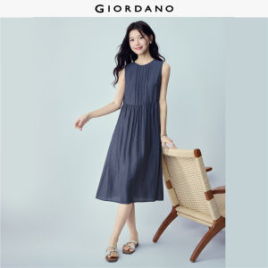Giordano Women Pintucks round neck hollow out back midi dress Free Shipping 05466069