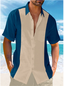 Mens Shirt New 2026 Casual Summer Shirt Beach Vacation Top Blue Short Sleeve Color Matching Lapel Front Pocket Clothing Fashion
