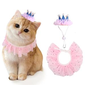 Festive Pet Princess Crowns +Collar Set Dress Up Your Furry Friend! Birthday Photo Props for Dogs and Cats Accessories