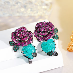 SEQUITO Vintage Modern Jewelry Black Gold Plated Full Micro Pave Rose Red Cubic Zirconia Flower Ear Drop with Heart Green Stone Women Prom Party Dangle Earrings SE665