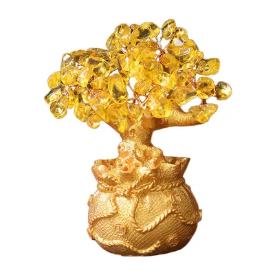 Citrine Money Tree Feng Shui Ornament For Wealth Attraction Lucky Charm Home Decor Zen TV Wine Cabinet Living Room Porch Decoration Crystal Gift For Prosperity & Positive Energy