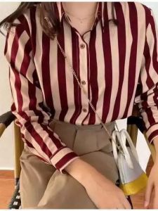 kemeja salur wanita bahan rayon ld 125 wanita lengan panjang terbaru 2025 bisa bayar ditempat/atasan strip salur kekinian model