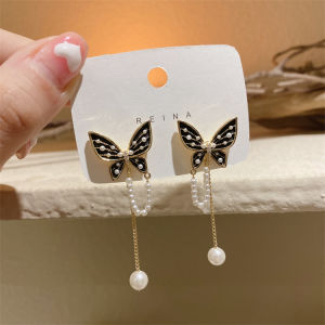 good 999 18k gold Korean Butterfly tassel pearl temperament personality versatile Earrings ES6246
