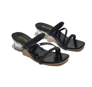 High Heels Hak Kaca 5 Cm Sandal Wanita Motif Kepang Hitam