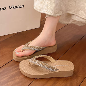 Free Shipping Sparkling Rhinestone Embellishments Simple Design High-Heeled Sandals For Outdoor Wear Summer Mid-Heel Flip-Flops WomenS Non-Slip And Wear-Resistant Sandals