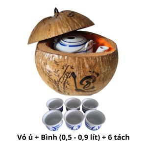 Bộ bình ủ trà trái dừa khắc chữ "Lễ" / Bình trà 04 - 09 lít / Giữ ấm 3 - 6 giờ / Sản phẩm sản xuất thủ công trứ danh xứ dừa Bến Tre