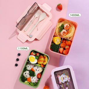 Kotak Makan Bento Portable Anti Bocor Transparant 1400ml Sendok Dan Garpu