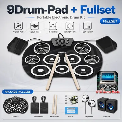 9-Pad Foldable Electronic Drum Set Portable Roll-up Digital Drum Kit Compact Size with Silicon Drums Pad Drumsticks & Sustain Pedal for Kids Adults Beginner