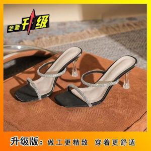 Free Shipping Thin-Heeled Transparent Strap High-Heeled Mules For Women New Summer Style Rhinestone High-Heeled Slippers With Low Heel