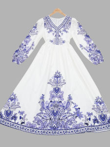 เดรสแฟชั่นเกาหลี  เดรสแขนยาวลายวินเทจโบฮีเมียน สีขาวน้ำเงิน