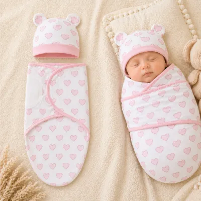 Phanqy Baby Swaddle Wrappers Bonnet Set Cotton Sleep Bag Adjustable Magic Sticker Gift For Newborn