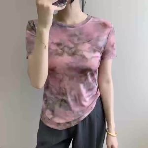 AMMIN 2025 Summer New Fashion Stretch Mesh Pink Gradient Print Short Sleeve Round Neck T-Shirt for Women Korean Style Casual Plus Size Elegant Blouse