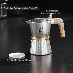 BINCOO 3 Valve 316 Stainless Steel Moka Pot with Stove Stovetop Coffee Maker Set Italian Espresso Pot with Grinder Set 2Cups