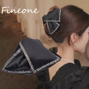 Vintage Soft Black Satin Hair Claw Rhinestone Hairpin Large Big Bow Ornament Women Hair Accessories