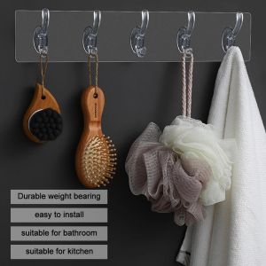 Transparent hooks No Perforation and Traceless Hooks 5 with 6 Powerful Hooks Wall-mounted Row of Transparent Hooks