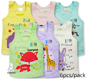 Wulanda 6 pcs baju kaos oblong tanpa lengan buntung model singlet tangtop anak bayi one baby motif warna berbeda SNI