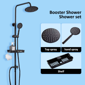4-in-1 black square showerhead with stainless steel embedded shower column set pressurized shower with storage rack