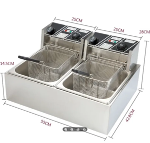220V Electric Deep Fryer Stainless Steel Double-Cylinder Thickened Frying Machine with Lid 2 Filter Baskets for Home & Commercial Use