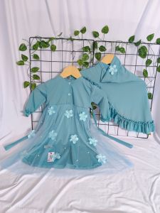 Gamis Anak Aisy Set Hijab BIRU WARDAH SERIES usia 0-12 thn
