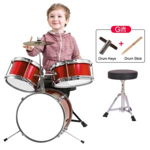 MINSINE 3-Piece Junior Drum Set with Adjustable Throne Cymbal Pedal and Drumsticks - Metallic Red New for Kids and Beginners