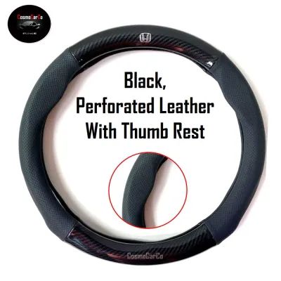 SG Seller Fast Delivery - Honda Steering Wheel Cover - Perforated Leather Carbon Fiber Anti Slip With Logo Emblem - For Fit Jazz Fit Shuttle City HRV Vezel Accord Stream - BLACK 37-38cm M Size Medium - Car Accessories Automobile Automotive Accessory