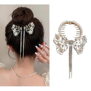Fashion Bowknot Tassels Pills Head Ponytail Buckle Eye Catching Rhinestones Hairpin Headwear for Parties and Weddings