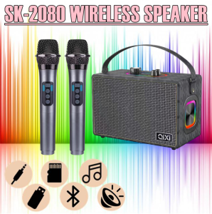 QIXI SK-2080 KARAOKE Wireless Bluetooth RGB Portable Speaker Shocking Bass Sound with Two Wireless Microphone