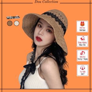 Mũ cói đi biển nữ đẹp mềm Nón che nắng mềm dễ dàng gấp gọn phối dây ren đen màu nâu be thời trang mùa hè - Mã NC035