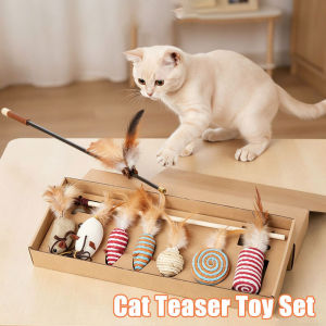 7pcs/Set Wooden Handle Cat Teaser Sticks Set with Handcrafted Plumes Bells Interactive Indoor Kitten