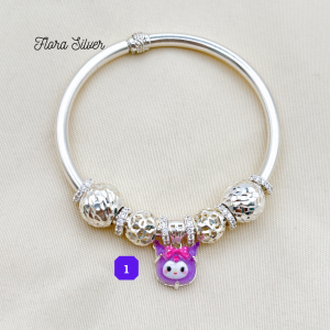 FLORA 0626C - Vòng tay bạc ta hình Kuromi màu tím mix charm hình quả cầu phay và cầu kim tiề n dành cho bé gái