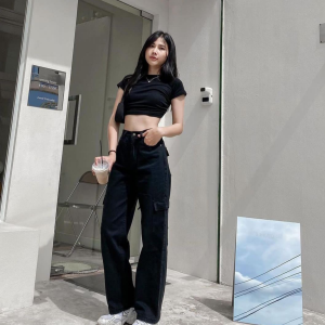 Celana Jeans Cargo Wanita high waist Celana Panjang Retro Fashion Korea Style loose Cargo Jeans