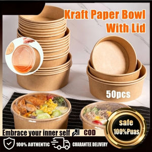 50pcs Kraft Paper Bowl with Lid Round Disposable Salad Bowl with Cover 500/750ml Biodegradable Bowl PAZU