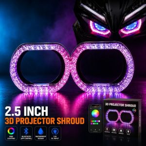 Motorcycle Headlight Angel Eye Shroud RGB Bluetooth App Control LED Projector Universal Car