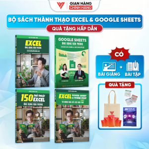Combo 4 Cuốn Sách Excel Google Sheet 150 TT Power Query ĐÀO TẠO TIN HỌC Ứng Dụng Văn Phòng Kèm Video Khóa Học + Tặng 101PT + Túi vải + Nhãn dán + 5 bao lì xì + Hộp giấy Tết