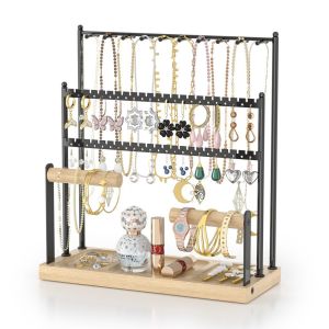 Jewelry Organizer Display Stand Solid Wood Necklace Hanging Countertop Rack For Chains Earrings Bracelets Showcase Storage Rack