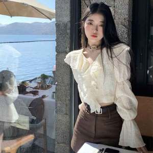 Áo sơ mi nhún bèo phong cách Hàn Quốc dành cho nữ áo ngắn ngọt ngào và sang trọng áo sơ mi thời trang