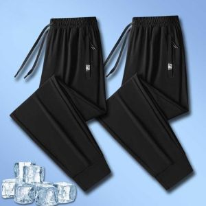 Z1BEE 2025 Men Ice Silk Jogger Pants Straight Wide Leg Plain Casual Running Sports Sweatpants Loose Thin Basic Plus Size Black Grey