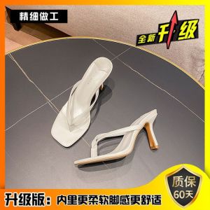 [Free Shipping] High-Heeled Flip-Flops For Women New Summer Styles Mid-Heel Fashionable Square-Toe Design Versatile Sandals Trendy On