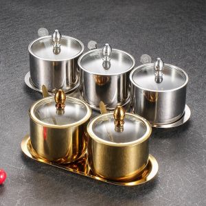 304 Stainless Steel Seasoning Jar Combination Set Seasoning Jar Glass Cover with Spoon Tray with Spoon Salt Jar Seasoning Bottle Seasoning Box