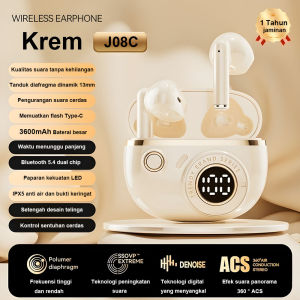 TWS J08C True Wireless Bluetooth Earphone Tampilan LED earphone bluetooth lucu Hifi Stereo Bluetooth 5.4 Latensi Rendah Mikrofon Panggilan HD — Garansi 1 Tahun