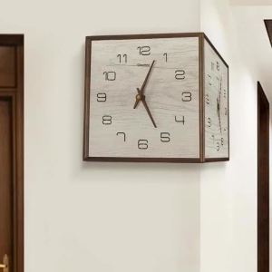 Sacesr Double Sided Corner Wall Clock Wooden Frame Silent Wall Watch Minimalist Creative Living Room Bedroom Home Corner Decoration 5Y6Z3