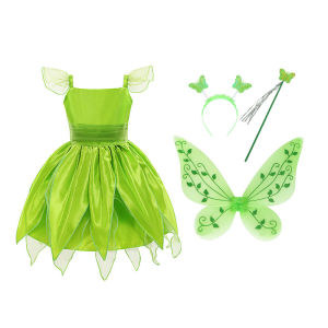 ชุดงานวันเกิดเด็กผู้หญิงชุดเจ้าหญิงสำหรับทารกเอลฟ์ตัวน้อยสีเขียวชุดคอสเพลย์ทิงเกอร์เบลล์เด็กผู้หญิงเด็กน้อยพร้อมกับแท่งมายากลที่รัดศีรษะลายปีกนางฟ้า